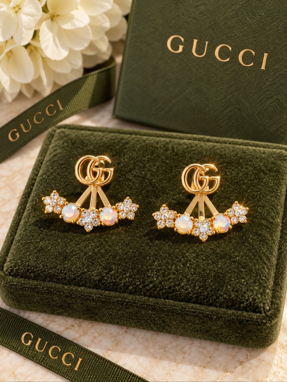 Gucci 18kgp Gold-Tone Crystal Floral Drop Earrings